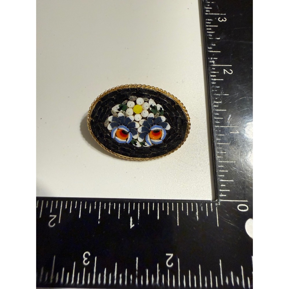 Vintage Italian Micro Mosaic Floral‎ Brooch Gold Tone Oval Millefiori Pin Black
